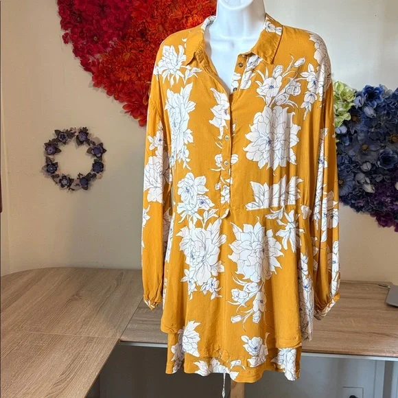 Free People Mustard Floral Mini Dress maanfacturer flaw - Picture 4 of 16